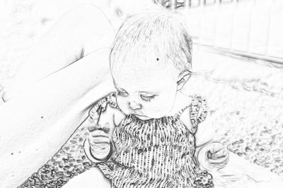 Black and white pencil sketch of baby girl in the style of E afar, sitting on her mother's lap playing with toy shoes, wearing summer dress, detailed texture, high resolution, high detail, simple lines, cute and adorable