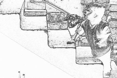 Black and white line drawing of children playing on the steps, a little boy is climbing up the stairs to play with his dog in front of him, in the style of a children's book illustration, a simple outline, a full body portrait, with simple black lines, no shadow details, no shading, a coloring page for kids, with low detail, thick bold lines, no color, on a white background