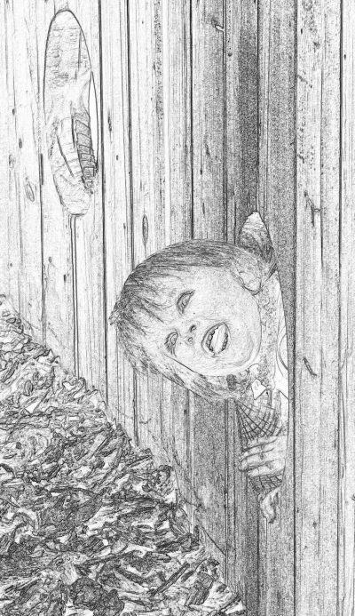 A little boy lies on the ground, laughing and hiding behind an old wooden fence. The drawing is done in pencil with a black line art style. He wears pajamas. There's lots of woodchips scattered around him. His hair shines like silver under sunlight. It’s an ultrarealistic image.