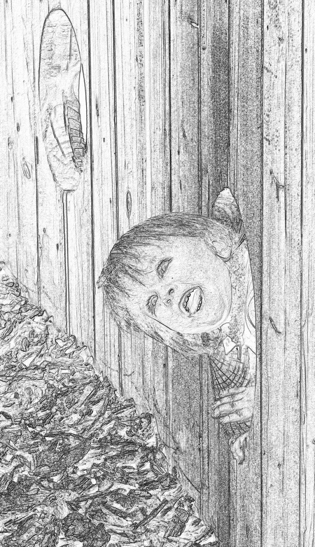 A little boy lies on the ground, laughing and hiding behind an old wooden fence. The drawing is done in pencil with a black line art style. He wears pajamas. There’s lots of woodchips scattered around him. His hair shines like silver under sunlight. It’s an ultrarealistic image.