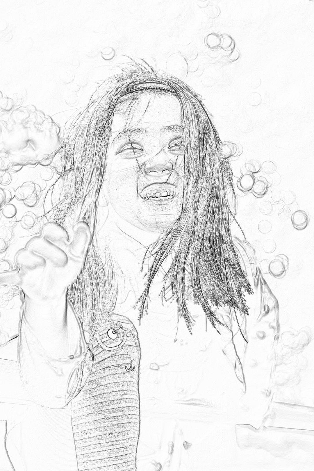 A pencil drawing of Zartis from the band, smiling and holding up his hand with bubbles in it, long hair, white background, in the style of high detail, high resolution.