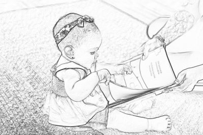 Black and white line art sketch of a baby girl with a headband playing in her mother's lap, holding a book open to a storybook page. The fabric  has detailed texture. The focus is the child looking at the book. The background shows a soft carpeted floor. The simple lines would be suitable for coloring pages, with no shading or shadows.