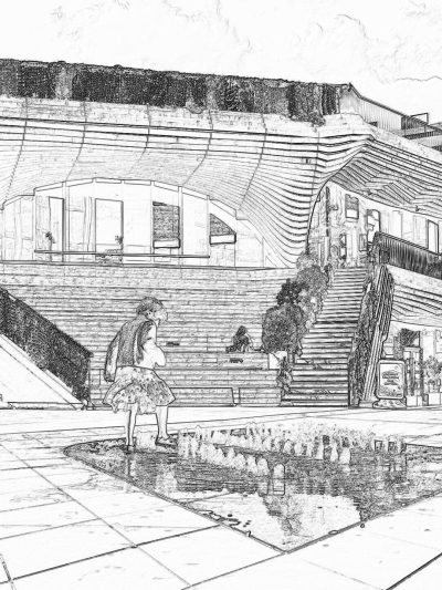 Black and white line drawing of an anime girl in front of the concert hall, next to water features on which people play chess with small figures, on one side there is stairs leading up from ground level, surrounded by modern architecture buildings. The background includes reflections of sunlight and shadows. There's a clear sky above the scene. In the foreground, she stands near a pond where ripples can be seen on its surface. A sense of calmness surrounds her as if it were an atmosphere for listening to music.