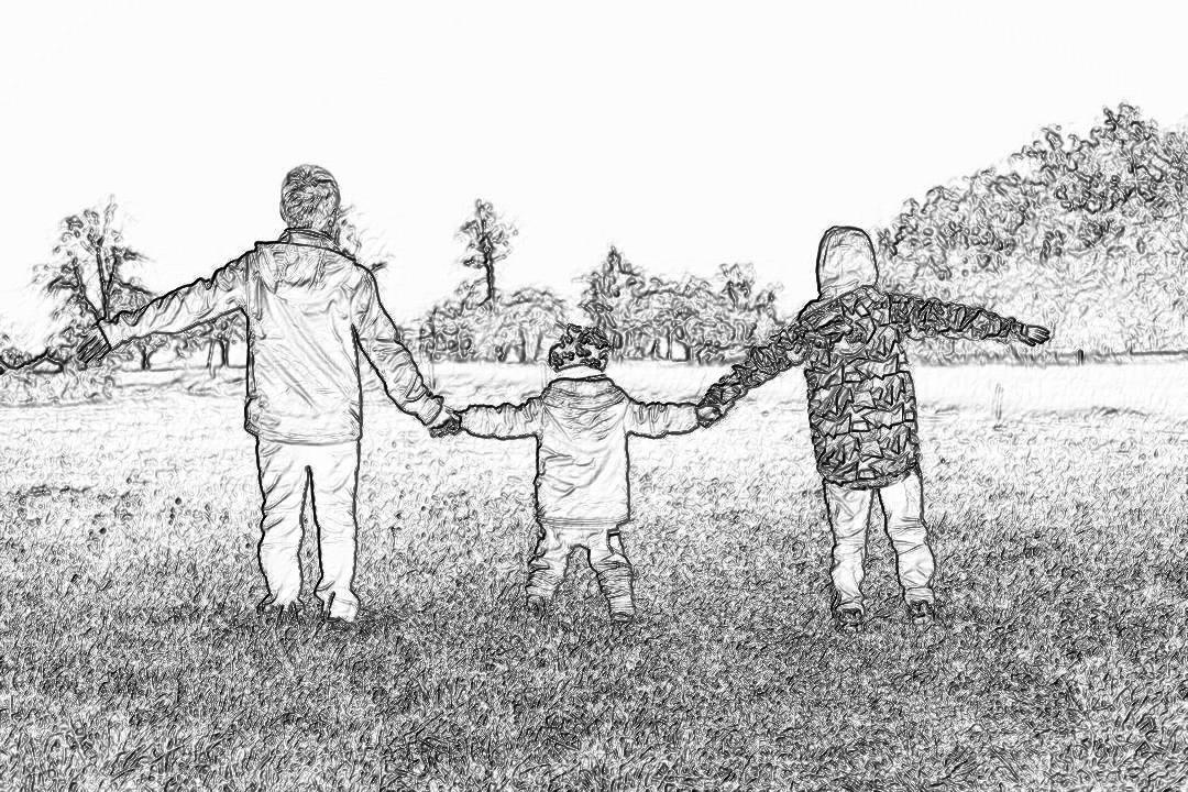 black and white pencil drawing of two children holding hands with their father in the park, the children facing away from the camera, family portrait, full body shot, grassy field background, in the style of coloring page