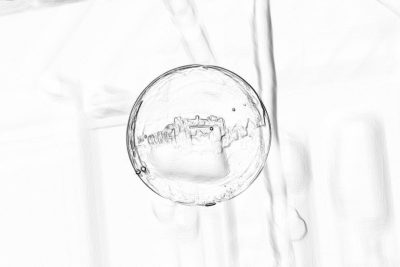 White background, top view of a water bubble on which is drawn an ancient village inside, a pencil drawing in the style of minimalism with clear lines and contours.