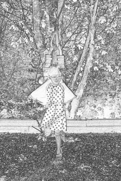 black and white line art illustration of an old lady in the park, wearing knee high socks with polka dots, holding onto her robe that hangs from a tree branch above her head, hanging by one leg off the ground, in the style of a children's book.