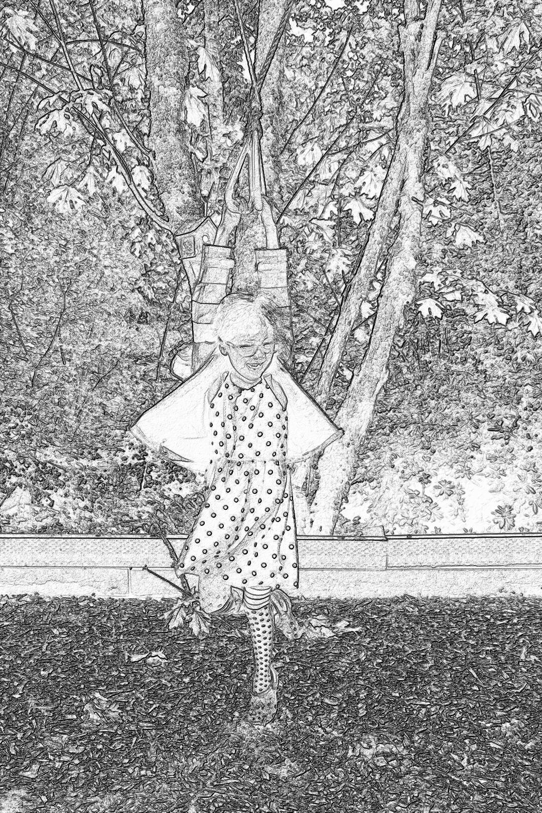 black and white line art illustration of an old lady in the park, wearing knee high socks with polka dots, holding onto her robe that hangs from a tree branch above her head, hanging by one leg off the ground, in the style of a children’s book.