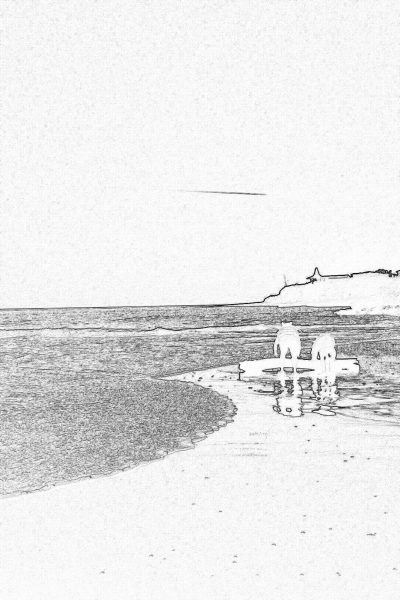 A simple black and white pencil sketch depicts two polar bears on the beach, with calm sea waters in front of them. The background features a clear sky above the ocean's horizon. Simple lines draw an abstract outline around their bodies, adding depth to the minimalist drawing style. A small wooden bridge is visible at one end of the sandbar where they stand. No text or additional elements are included. This minimalistic composition captures simplicity while conveying beauty through clean linework, in the style of a minimalist artist.