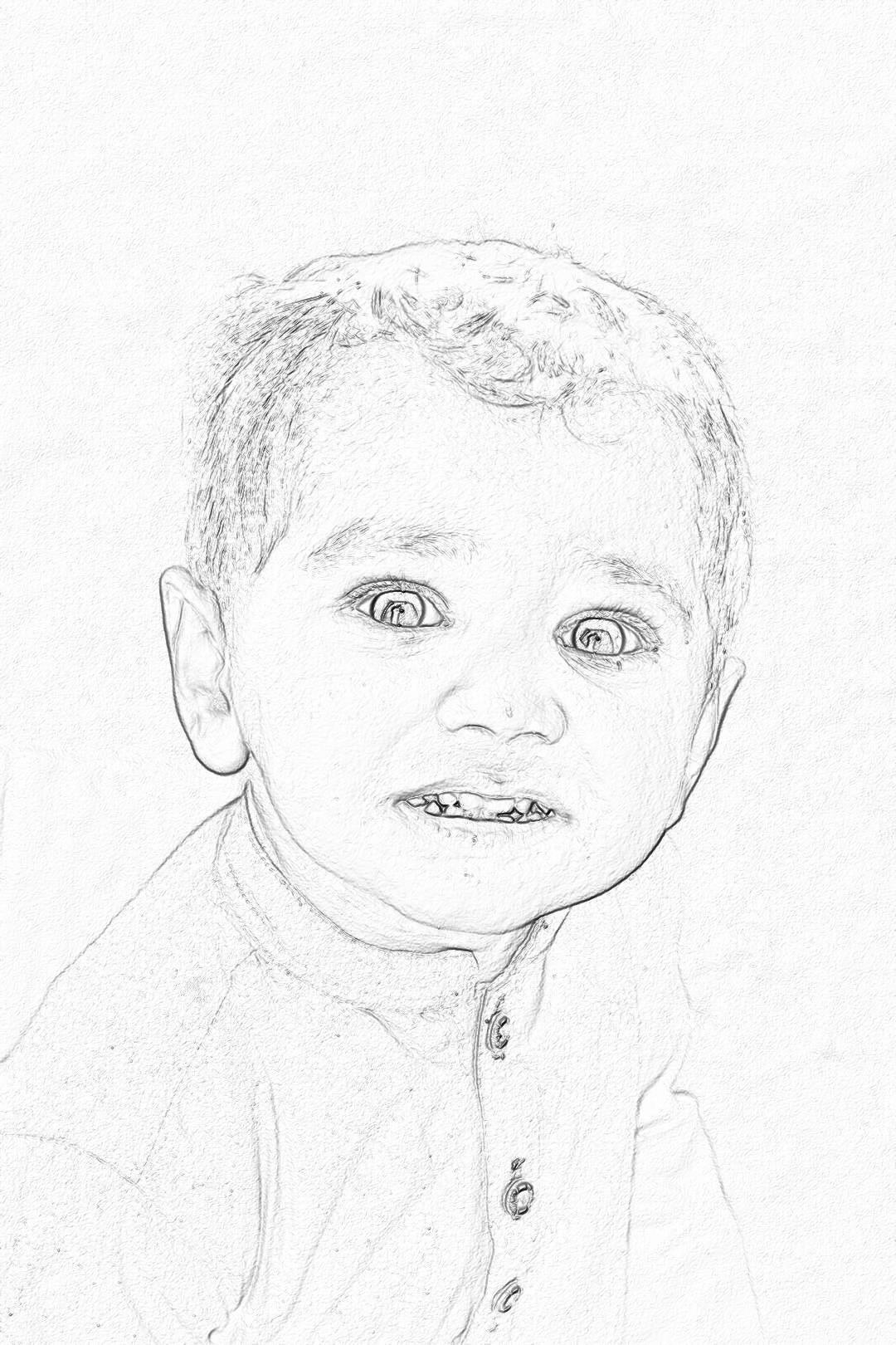 A pencil sketch of an Indian baby boy, smiling and looking at the camera, wearing white , on a light grey background, a simple line art drawing portrait in the style of a sketch without shading or shadows, a 2D, pencil style illustration portrait on white paper with high contrast and low details at a low resolution and level of detail.