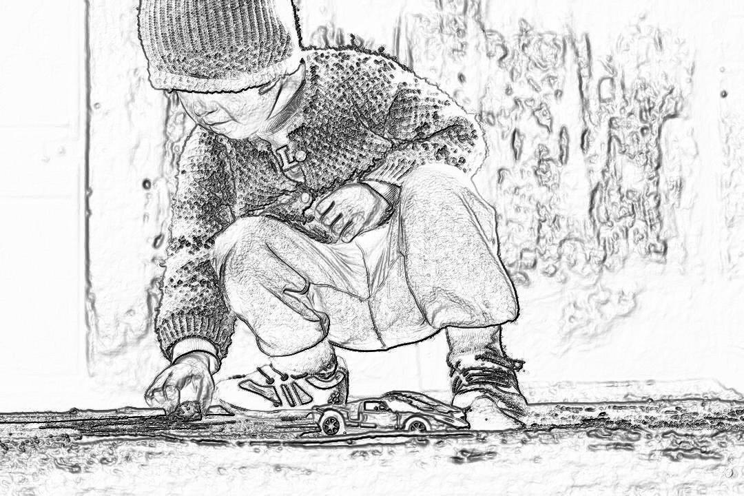 Black and white pencil sketch drawing of toddler playing with toy cars on the sidewalk, wearing long sleeves sweater jeans boots shoes and beanie hat. Close up portrait. High detail.