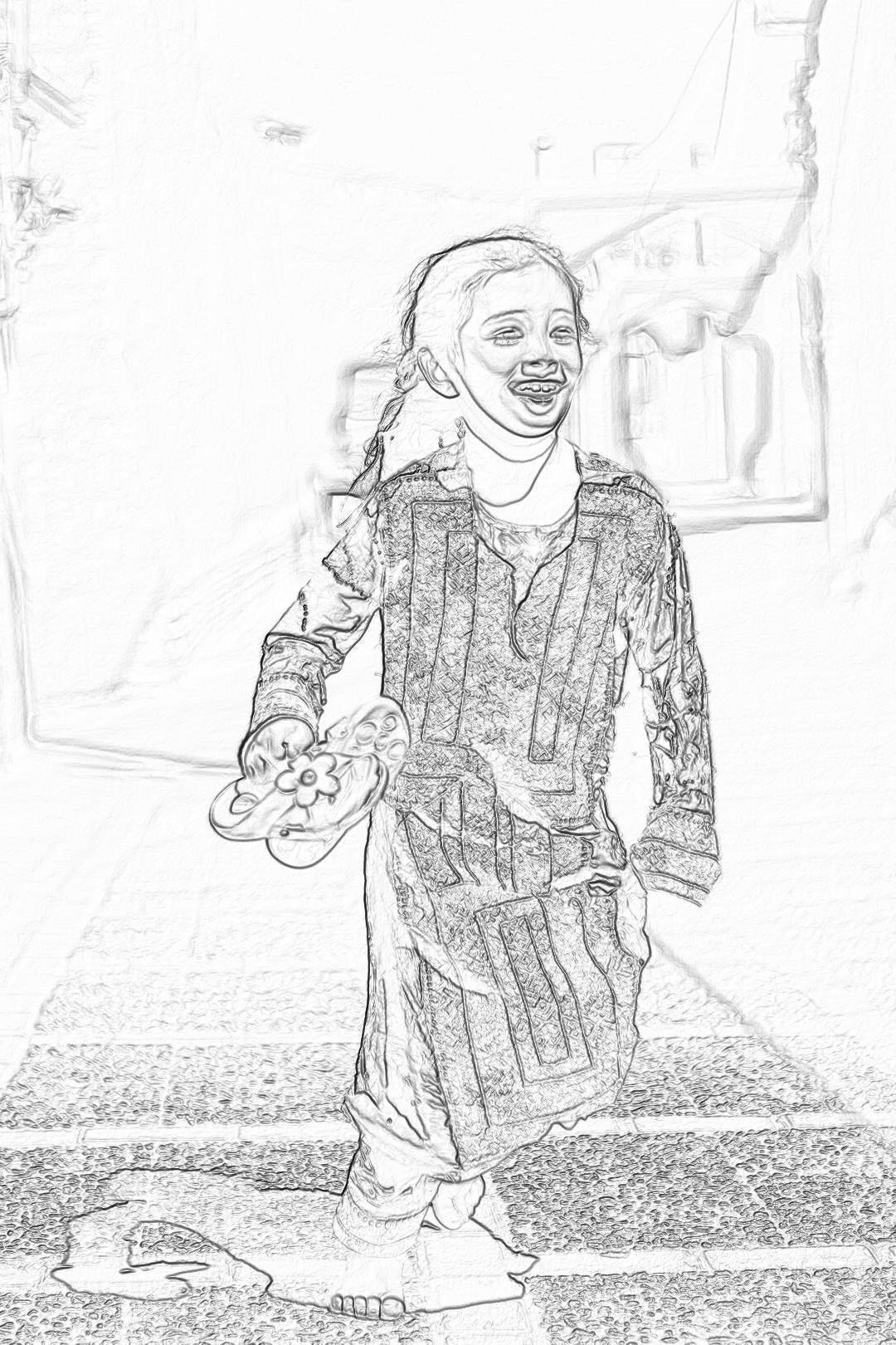 coloring page for kids, smiling girl dressed in street selling bubblegum on the streets of old town amman jordan, cartoon style, low detail no shading, thick lines, black and white, drawing in the style of colored pencil