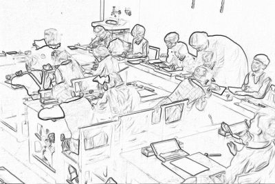 A sketch of students and doctors working together in the hospital to practice operating on human body parts made out of plastic, sitting at tables with laptops in the style of various artists.