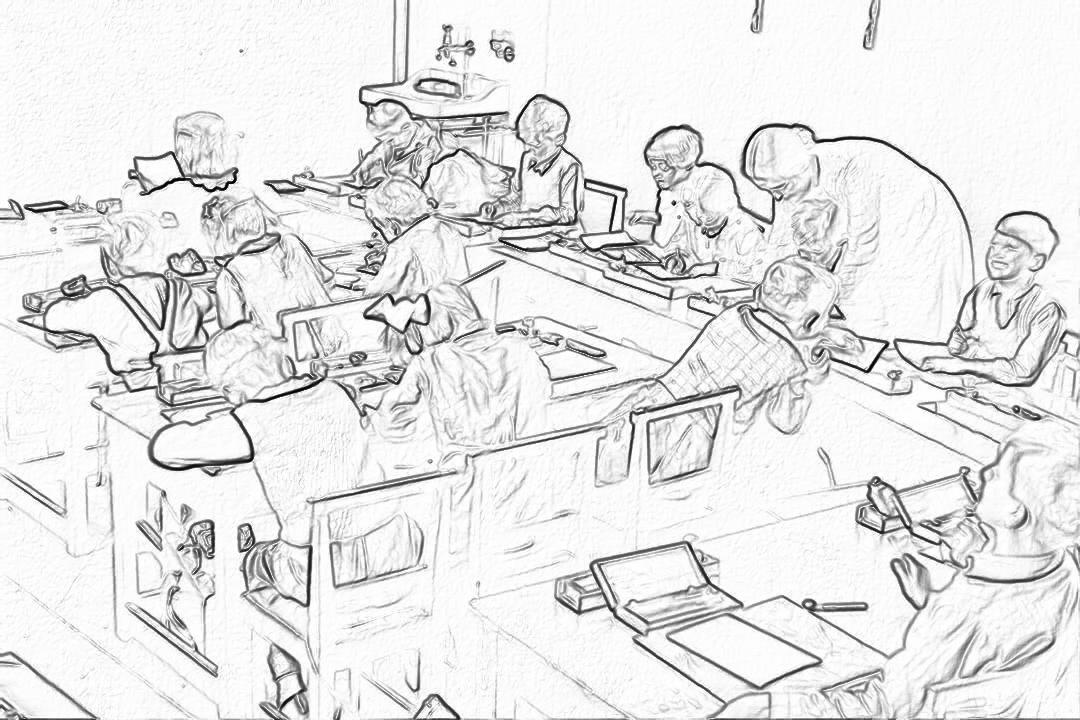 A sketch of students and doctors working together in the hospital to practice operating on human body parts made out of plastic, sitting at tables with laptops in the style of various artists.