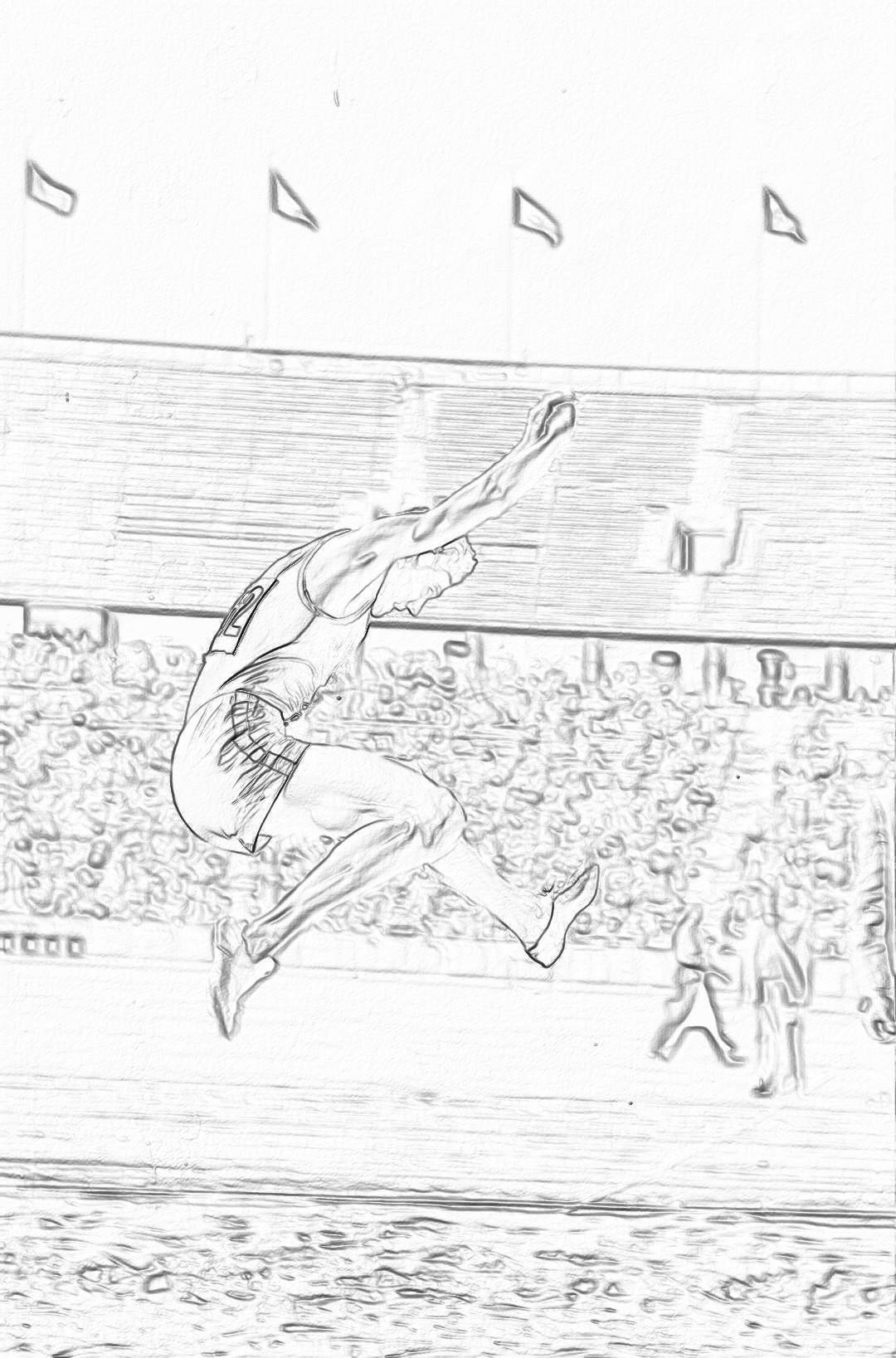 A coloring page of an athlete performing the long jump in front of cheering fans at an Olympic stadium, capturing his powerful leap and dynamic pose. The background shows a large crowd watching from their seats. Black lines on white paper. No shading or color. High detail.