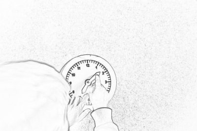 A simple pencil drawing shows an overhead view of someone's hand on a clock, indicating they have just seen their weight. The plain white background highlights the drawing, with only one color used for simplicity. It captures a moment where you see your own body from above as it moves towards meeting or crossing something. A clear shot focuses intently on their scale, showing focus and determination, done in the style of simple line art and vector design.