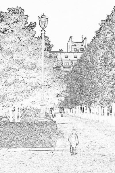 a simple black and white line drawing of the Champs Elysées in Paris, with trees on both sides and an old lamppost in front of it. A small child is playing near one end of The gardens, drawing for kids, low detail