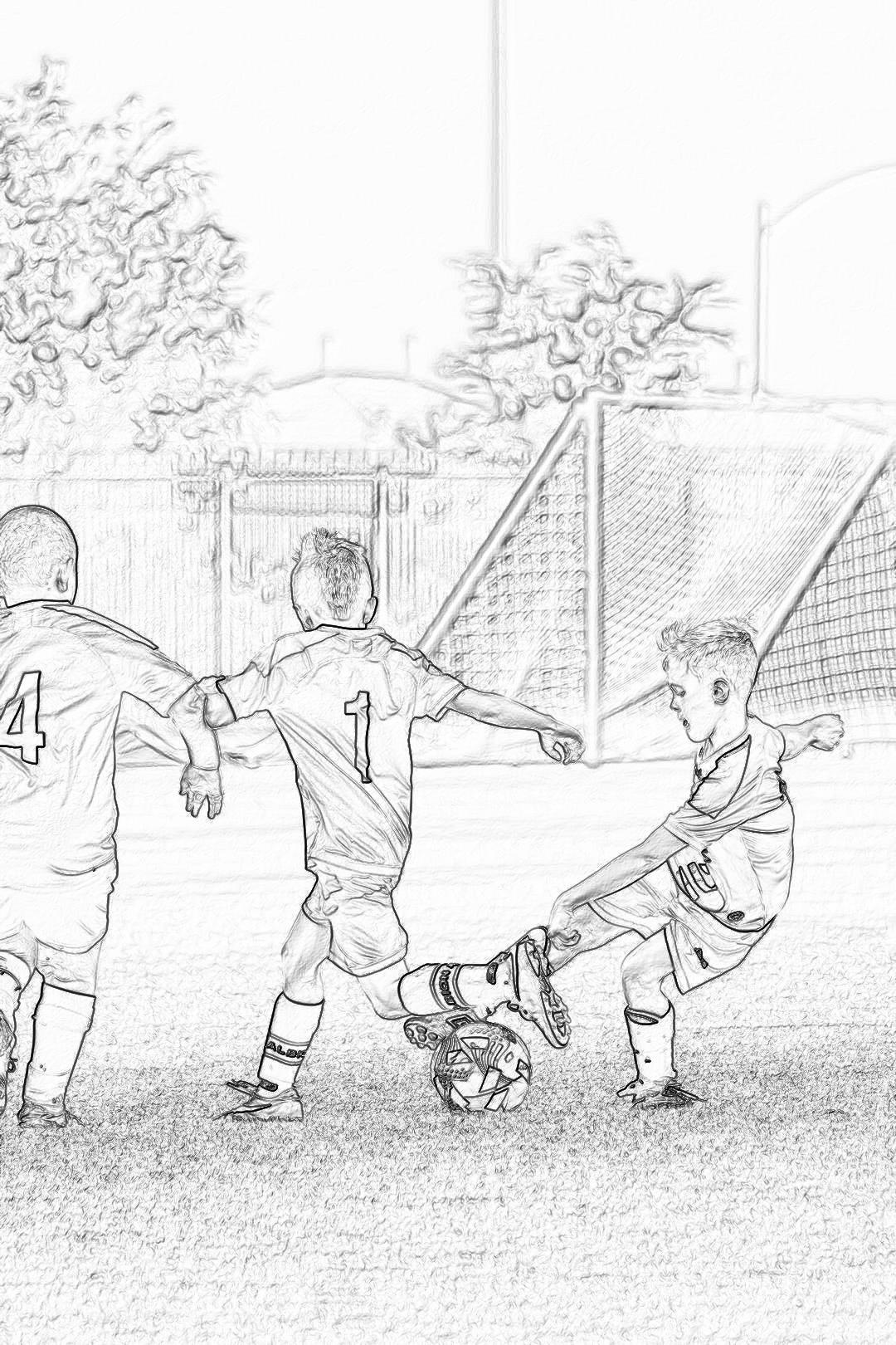 Soccer game kids coloring page for boys aged 8 plus, thick black lines, low detail, no shading, white background, in the style of John McGlunk & Pemalz