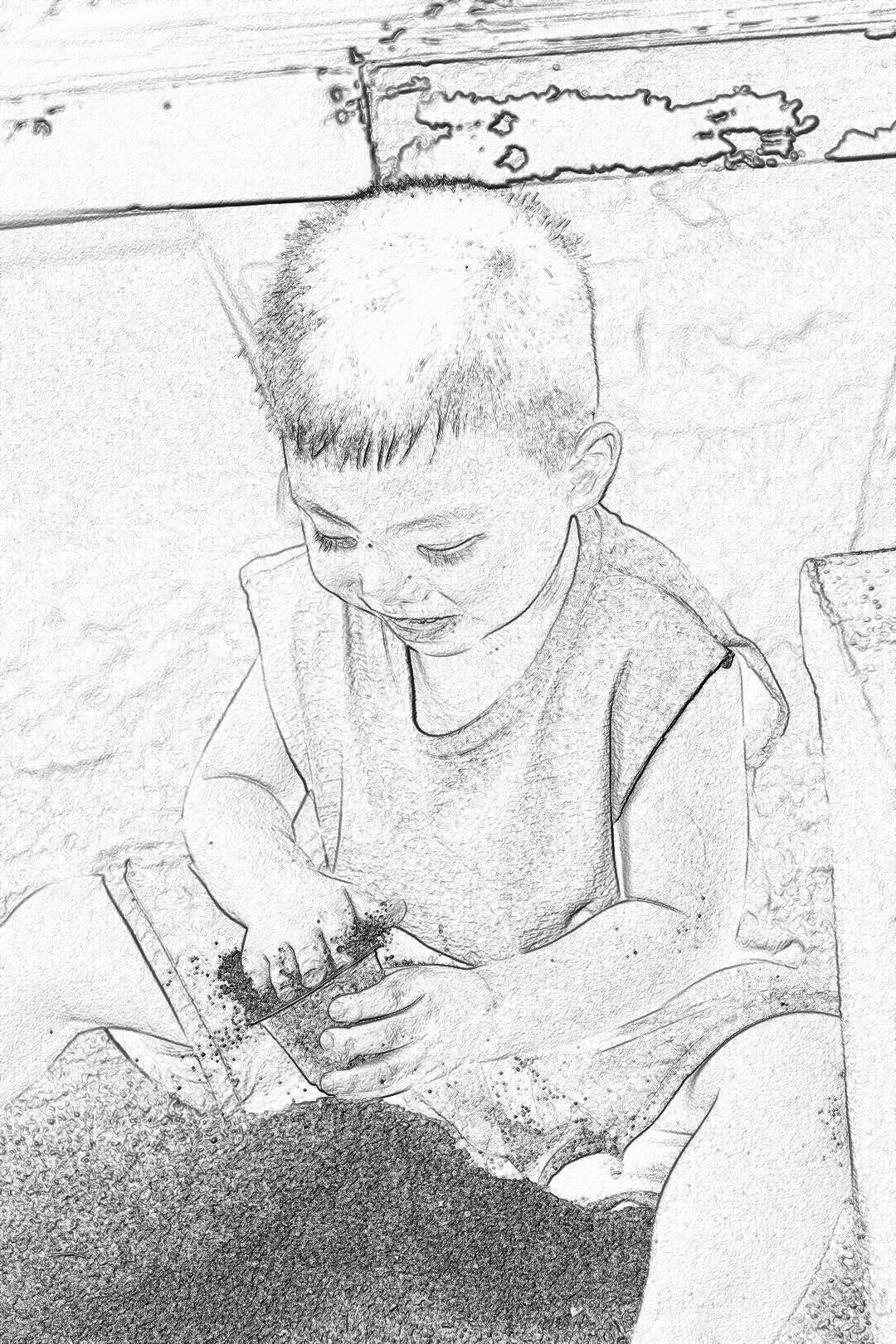 A cute little boy playing in the sand, smiling happily. The drawing is done in the style of a pencil drawing, with simple lines and a black and white sketching style. The background depicts an outdoor scene with a small table nearby. There is some soil on the table.