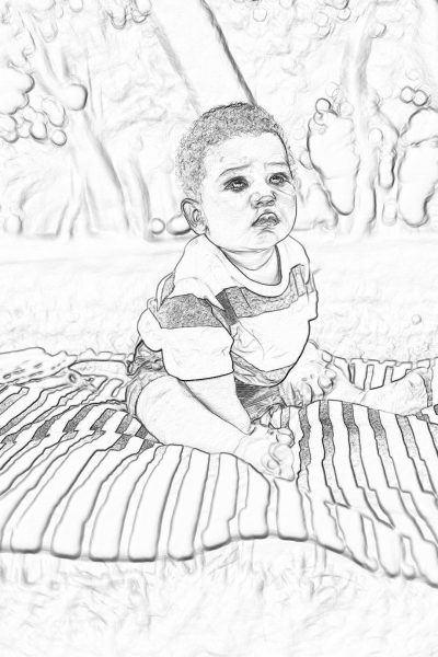 Black and white pencil sketch of an African American baby boy sitting on blanket in the park, coloring book page style, high contrast, simple lines, no shading, clear outlines, white background, large areas for color application, focus on facial expression with detailed , simple yet expressive design.