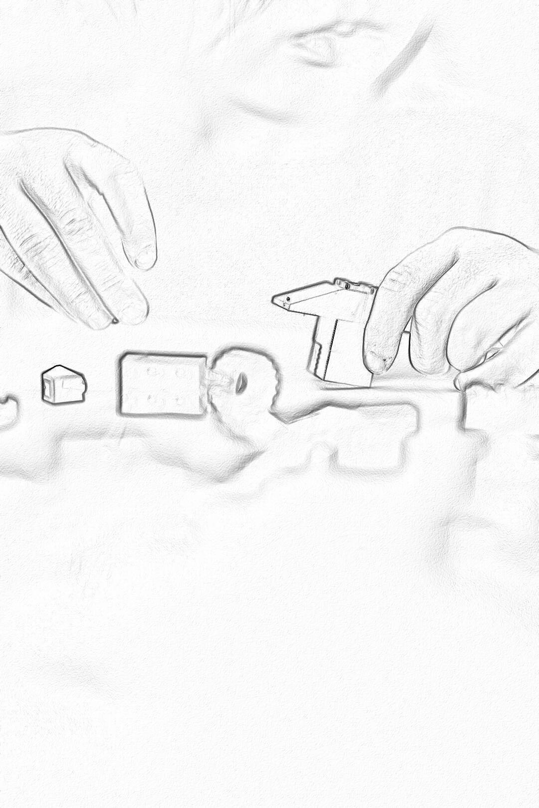 A simple pencil drawing of two hands playing with building blocks on white paper, simple lines, white background, simple and minimalistic style, vector illustration, flat design, closeup shot from above, low angle view, soft lighting, natural light, high resolution, high quality, high detail