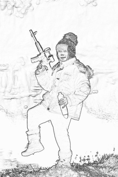 A child dressed as an army soldier, holding machine guns and drinking from bottles on the battlefield. Sketched in the style of pencil drawings. Black and white drawing using pencil. The background is a large wall of ice and snow with smoke coming from it. It is winter outside. Full body portrait. She wears warm jeans or trousers and boots. She has dark hair in pigtails and bangs. In her hands she holds two M4 rifles, one water bottle and another plastic gun that looks similar to an m60. One arm is raised upwards.