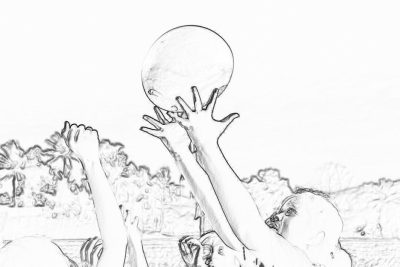 coloring page for kids, closeup of hands playing netball in the park, white background, thick lines, low detail, black and white, no shading