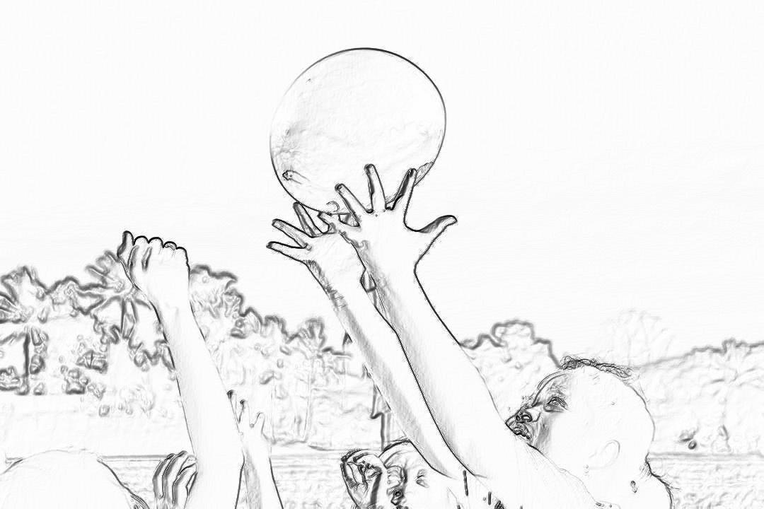 coloring page for kids, closeup of hands playing netball in the park, white background, thick lines, low detail, black and white, no shading