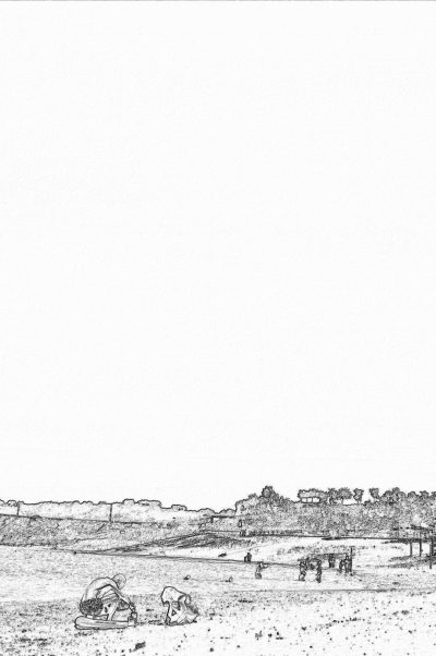 A simple pencil drawing of an ancient Roman city on a beach with people working in fields, with a white background, drawn in a minimalistic style.