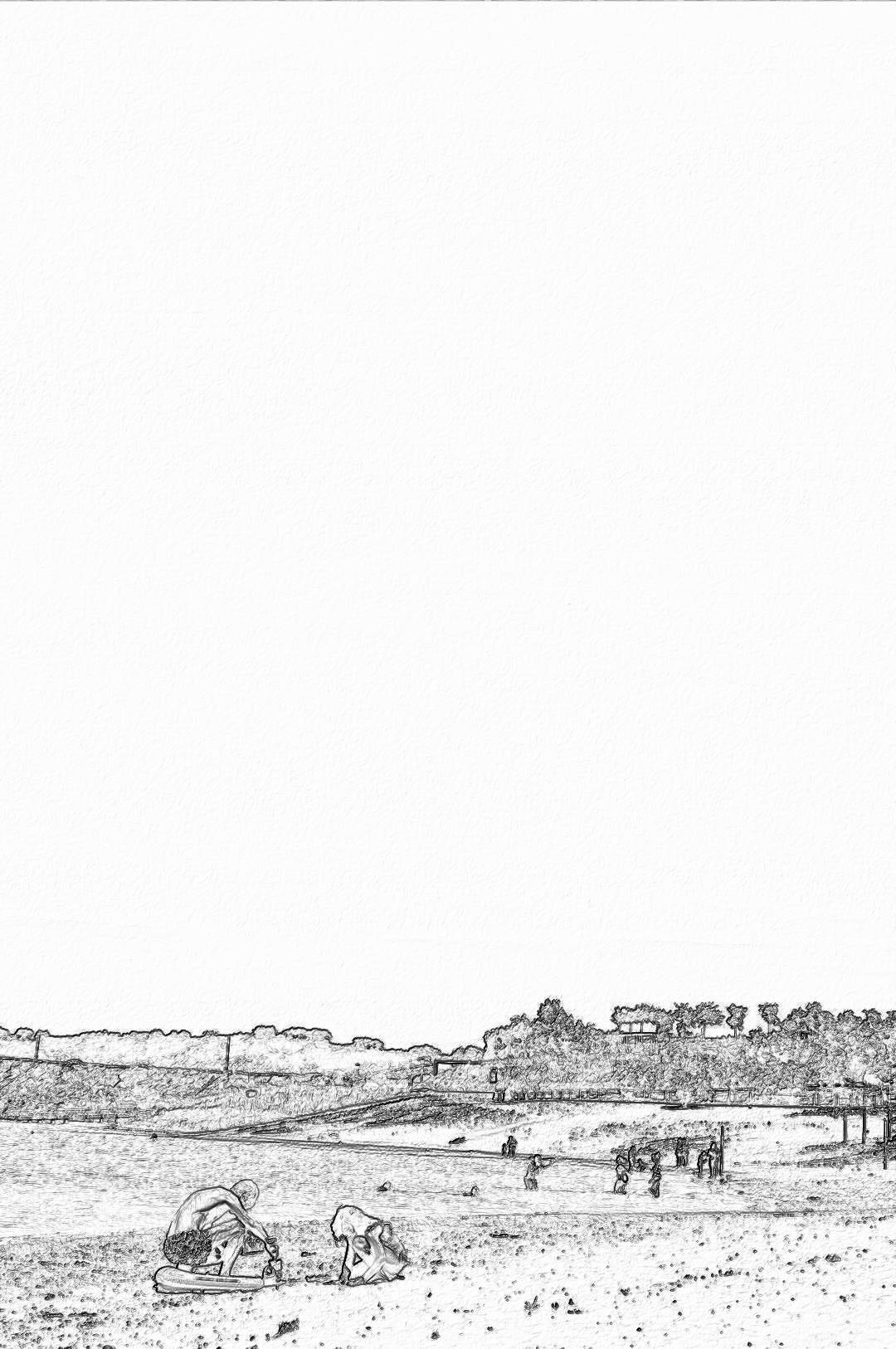 A simple pencil drawing of an ancient Roman city on a beach with people working in fields, with a white background, drawn in a minimalistic style.