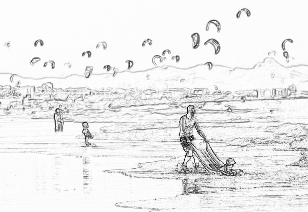 A man on the beach with his child, pulling out an object from under water using paragliding equipment and kite surfing gear in the style of a pencil sketch. The background features people playing on sandy beaches while kites glide across the sky. In the style of a black ink drawing on white paper, a few details of buildings can be seen in the far distance. This scene captures the essence of adventure sports like sailing or fishing along coastal areas. It is depicted as a simple line art sketch.