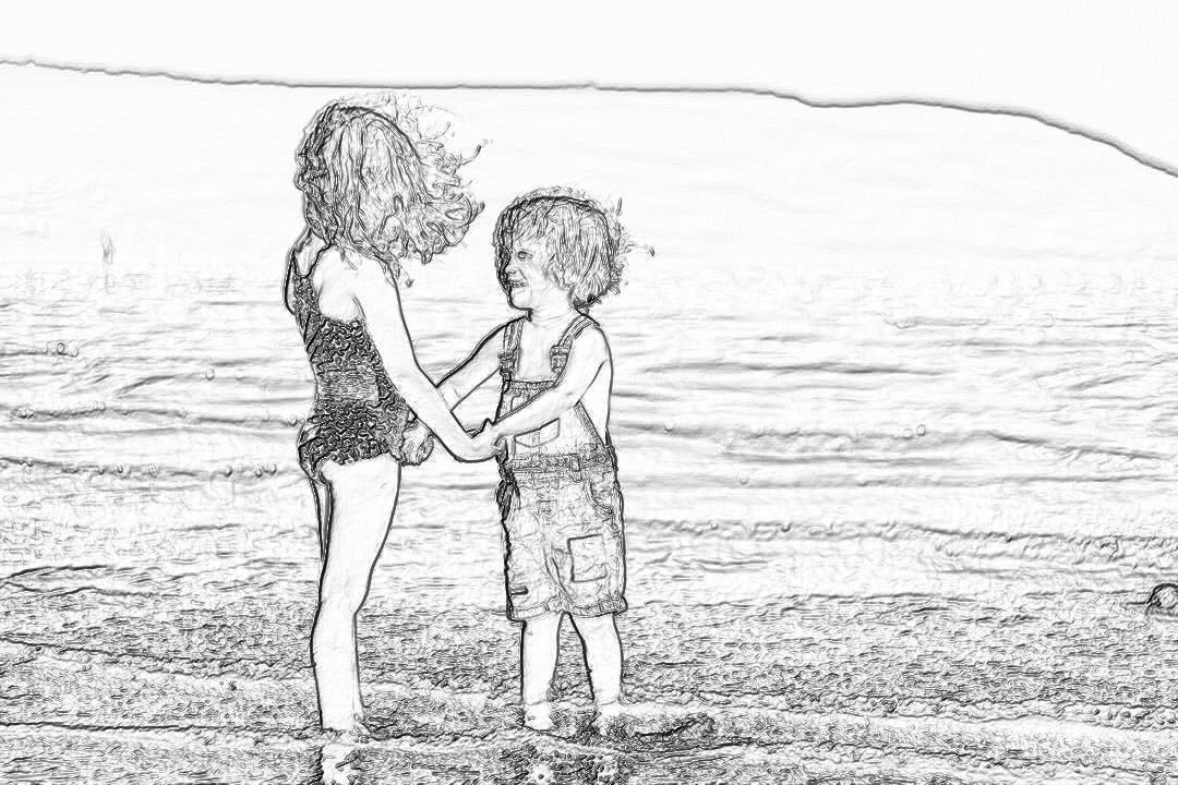 Black and white pencil sketch of two children playing on the beach. One girl with curly hair wearing a swimming costume holding hands with her brother, who is standing next to his mother in front view. Beach background with high contrast and sharp focus. Highly detailed with simple lines and smooth shading. White background in the style of a coloring page. Thick black line art with white highlights and no color, gray scale, shadowing or gradient.