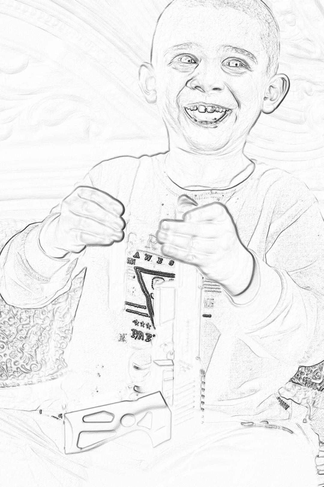 coloring page for kids, smiling child playing with wood toy cr_statid Textured Grayscale thick lines no shading low detail