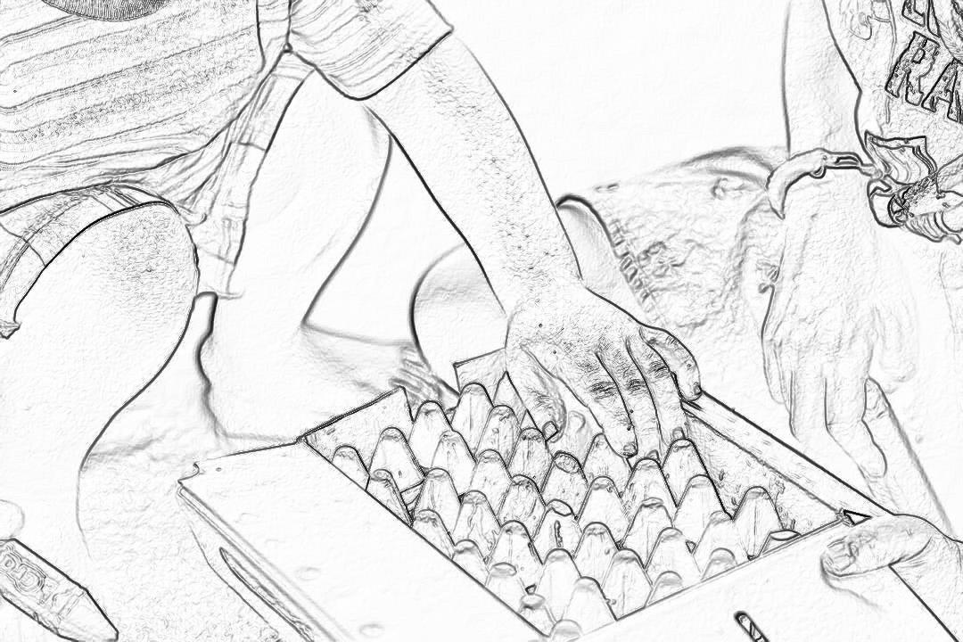 A coloring page depicting someone’s hands typing on an imaginary keyboard in the style of an egg, shown in close-up.