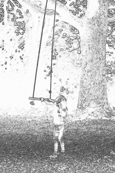 A little girl is playing on the swing in an old park, in the style of a children's book drawing with pencil lines and black ink, as a full body portrait, with a simple background including a tree trunk, with water droplets falling from above on a white background, as a high resolution, high quality, highly detailed, hyper realistic illustration, in a very detailed, high definition style with sharp focus and super clear details, in a cartoon, cute style, as a sketch in black line art.