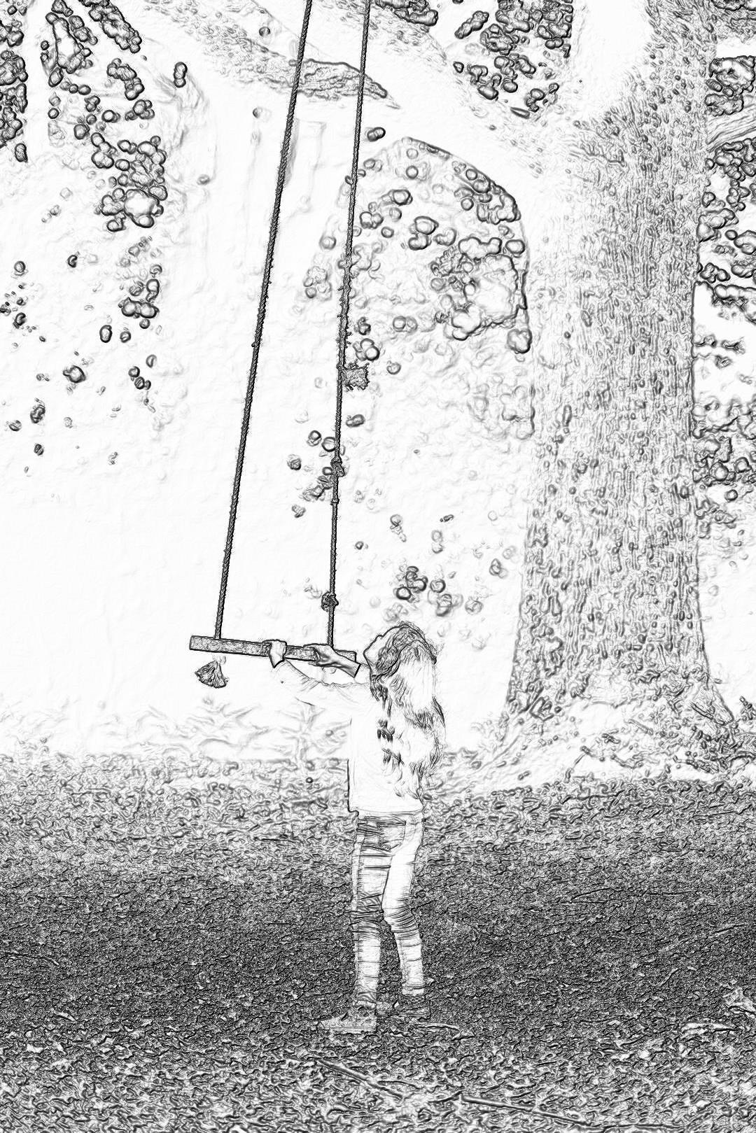 A little girl is playing on the swing in an old park, in the style of a children’s book drawing with pencil lines and black ink, as a full body portrait, with a simple background including a tree trunk, with water droplets falling from above on a white background, as a high resolution, high quality, highly detailed, hyper realistic illustration, in a very detailed, high definition style with sharp focus and super clear details, in a cartoon, cute style, as a sketch in black line art.