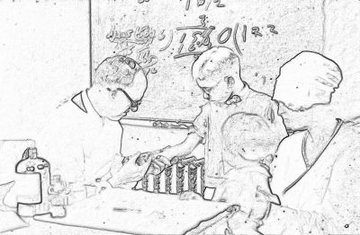 A black and white sketch of children playing with an educational science set, drawing on the wall behind them. The scene is captured in a simple line art style, focusing on capturing their expressions as they create models or aligned test tubes. In one corner, there's a teacher observing from within her office. This background adds depth to the composition while maintaining simplicity for easy coloring. It creates a joyful atmosphere where learning becomes fun through creative play. in the style of [Ralph Steadman](https://goo.gl/search?artist%20Ralph%20Steadman)