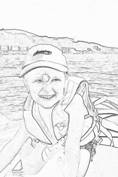 A simple black and white line art sketch of smiling boy wearing life jacket, baseball cap on the boat at lake with dock in background. Minimalist style. No shading or color. The focus is only on outlines to be colored by children after they finish coloring pages for kids, no shadows. Sketch should have bold lines suitable for easy drawing. It's a fun activity for young boys aged five years old. Add details like water ripples and reflections.