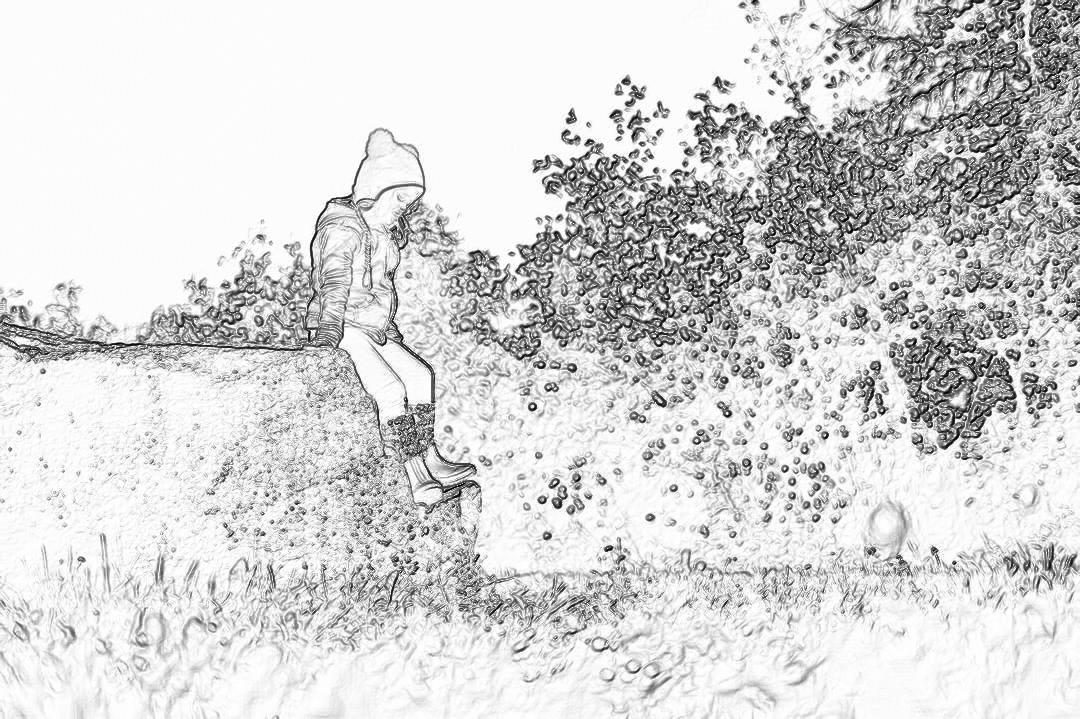 a young girl in winter is jumping into puddles on the grass, simple drawing style, low detail sketch pencil art drawing for kids coloring book page, low color saturation black and white, no shadows, no noise, white background, simple details, minimalist, low resolution, low quality, simple drawing style, low color saturation, no shadow details,