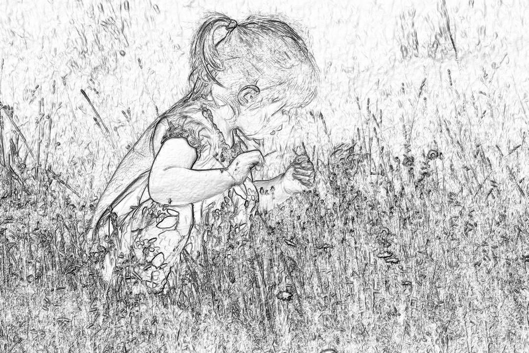 A little girl playing in the grass, picking flowers and making picture with them, simple pencil drawing, black & white