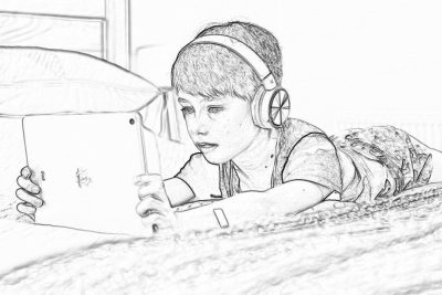 Black and white line drawing, pencil sketch of a young boy lying on his back in a bed wearing headphones looking at an iPad with the screen facing towards him. The background is blurred and indistinct. He has short hair and freckles. A carpeted floor can be seen underfoot. High resolution. A sketch in the style of drawings for kids coloring books.