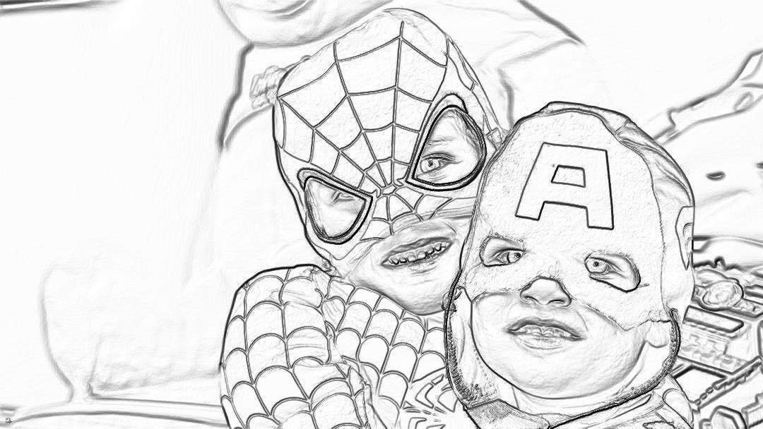 A simple line drawing of Spiderman and Captain America as kids, smiling for the camera in the style of a colouring page with minimal spelling and grammar errors corrected and repeated words removed.