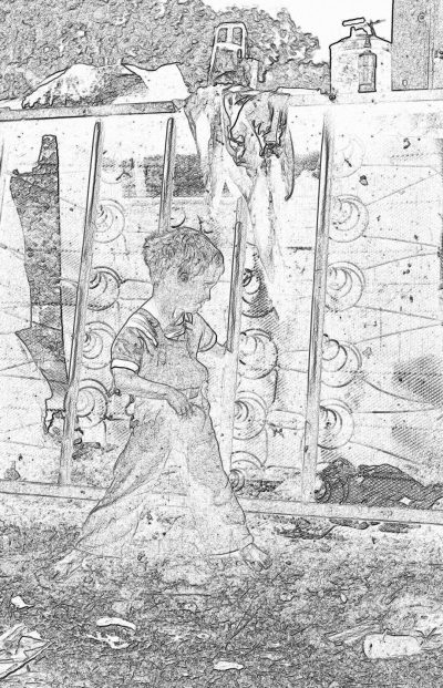 A coloring page of an adult female with short hair playing in the yard, wearing shorts and sandals, holding two sticks as weapon to hit or dress up her doll by standing on its head. The background is an outdoor play area with walls around it, including other dolls laying down under them. There's also some debris scattered across the ground. Sketch style.