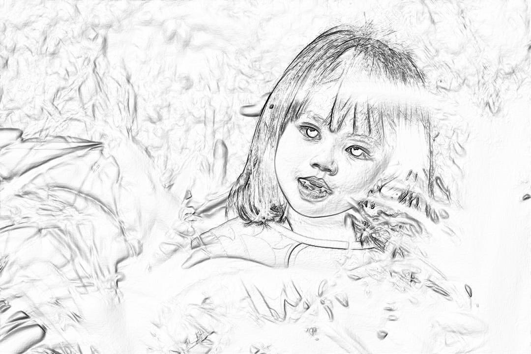 A little girl playing in the garden, a pencil sketch style drawing in the style of simple lines on a white background, a full body portrait with high resolution, high quality, and high detail. A hyper detailed, high definition drawing with high focus and high sharpness, a masterpiece of the best quality at 30k resolution.