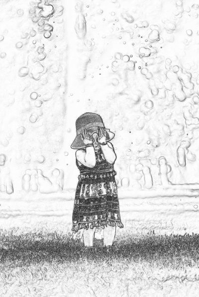 A pencil sketch of an adorable little girl wearing a sun hat, standing on the grass with her face covered by bubbles she's blowing, creating a magical and whimsical atmosphere in black ink on white paper. The background is a simple drawing of water droplets floating above the ground, adding to the dreamy effect. This charming scene captures innocence and playfulness, making it suitable for various artistic applications or as children’s art work., focus stacked camera lens