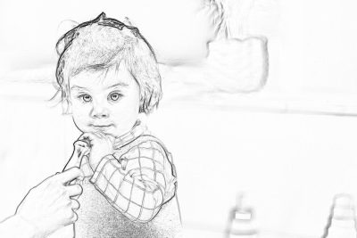 A simple black and white pencil sketch of an adorable toddler girl with short hair, wearing pajamas, being held by her mother's hand as she walks towards the camera in front of a kitchen table. The background is blurred to focus on their faces. There should be some visible brush strokes to give it a hand drawn feel but still make them look realistic. It must have no shadows or shading inside the lines, in the style of a realistic pencil sketch.