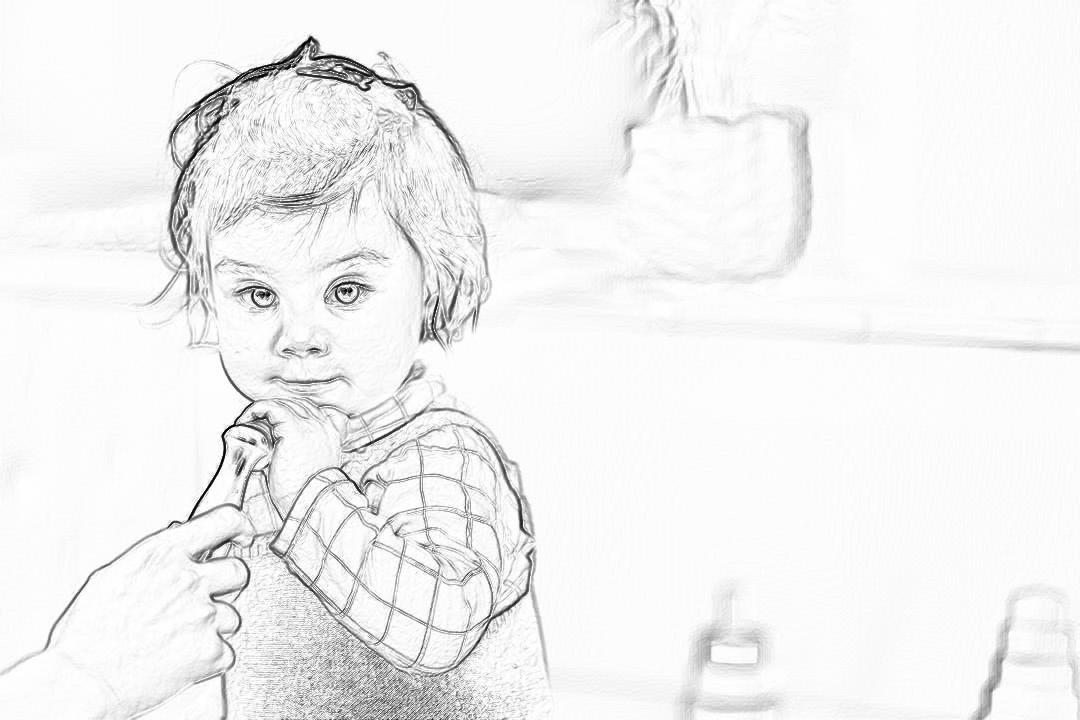 A simple black and white pencil sketch of an adorable toddler girl with short hair, wearing pajamas, being held by her mother’s hand as she walks towards the camera in front of a kitchen table. The background is blurred to focus on their faces. There should be some visible brush strokes to give it a hand drawn feel but still make them look realistic. It must have no shadows or shading inside the lines, in the style of a realistic pencil sketch.