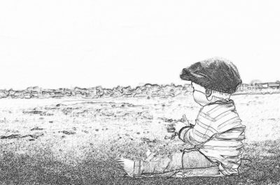 A black and white storyboard sketch of an adorable toddler wearing striped pyjamas and a baseball cap, playing on the beach with sand between his toes. He is sitting in profile looking at us. The background shows the wide expanse of the empty, beautiful British sandy beaches and distant buildings. The sketch is done in the style of a minimalist artist.