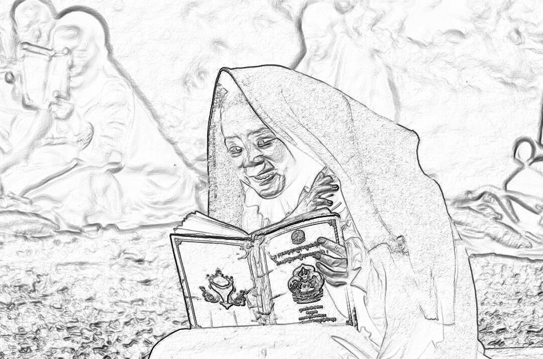 A nun reading an old book in the style of pencil sketch, with her face partially obscured by her hood and some details in shadow, while she sits on top of a stone altar. The background features various religious symbols etched into it, adding to its mysterious atmosphere. This scene is depicted as a coloring page for adults, thick lines, black outline white background no shading or grayscale.