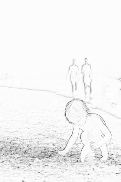 A young child playing on the beach, with three transparent figures standing behind them in the background, simple pencil drawing style, black and white sketch, high resolution, white canvas background, minimalist, soft light.