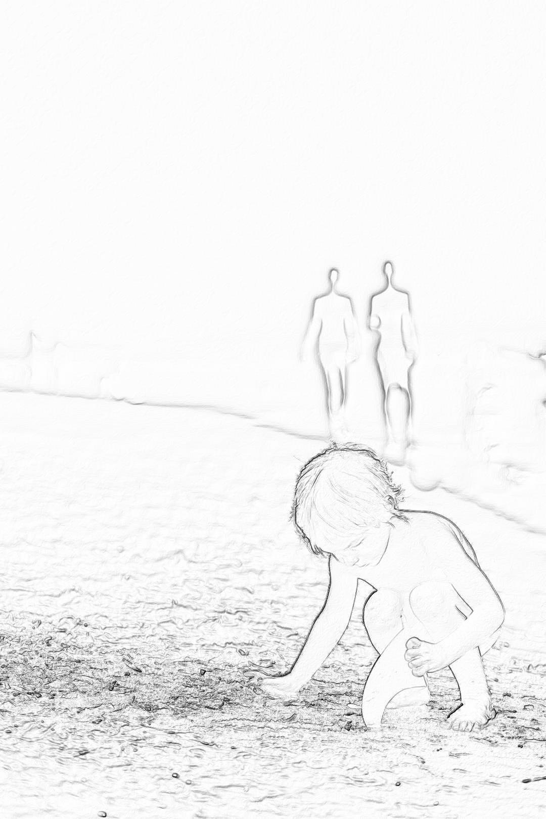 A young child playing on the beach, with three transparent figures standing behind them in the background, simple pencil drawing style, black and white sketch, high resolution, white canvas background, minimalist, soft light.